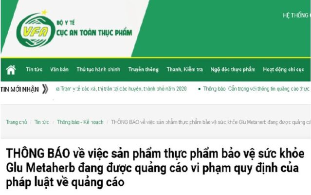 Cẩn trọng với quảng cáo Thực phẩm bảo vệ sức khỏe Glu Metaherb